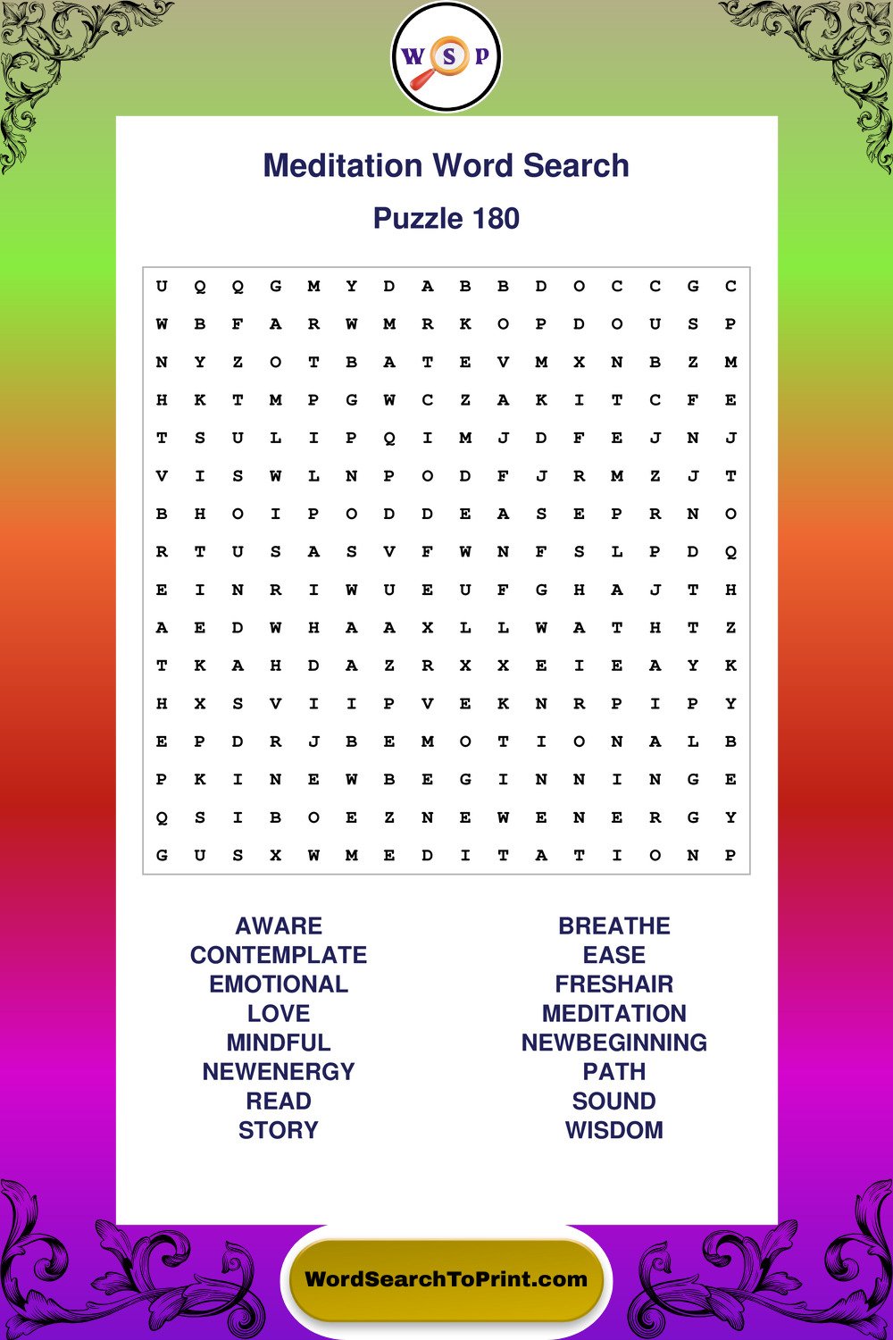Meditation Word Search Puzzle 180