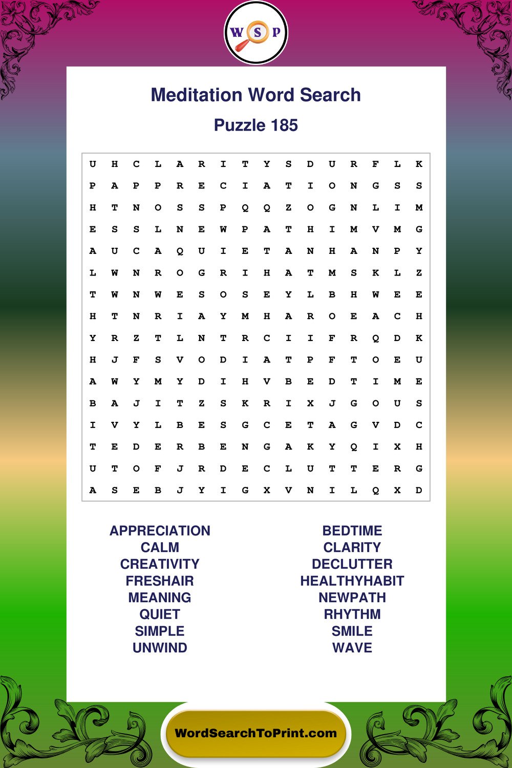 Meditation Word Search Puzzle 185