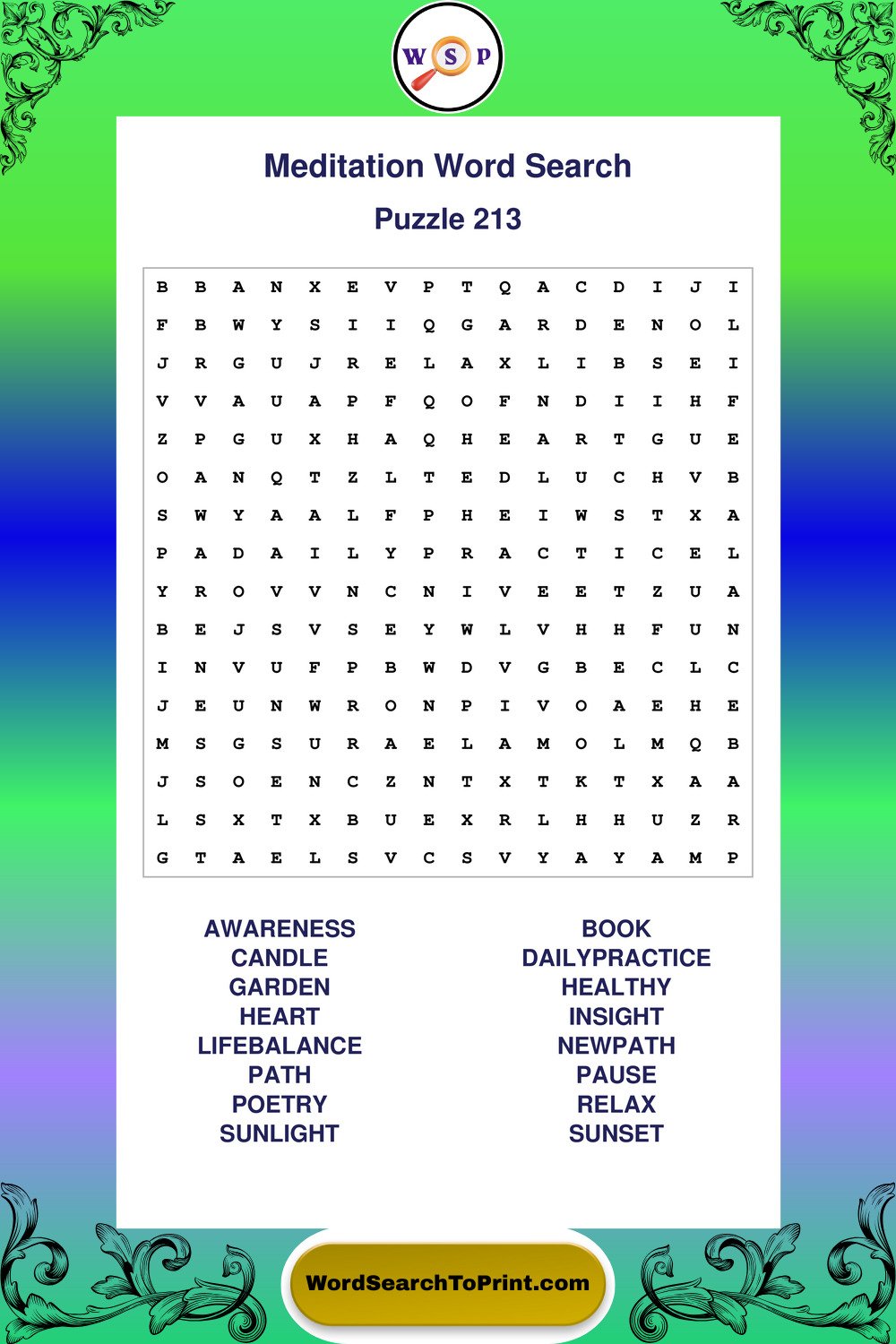 Meditation Word Search Puzzle 213