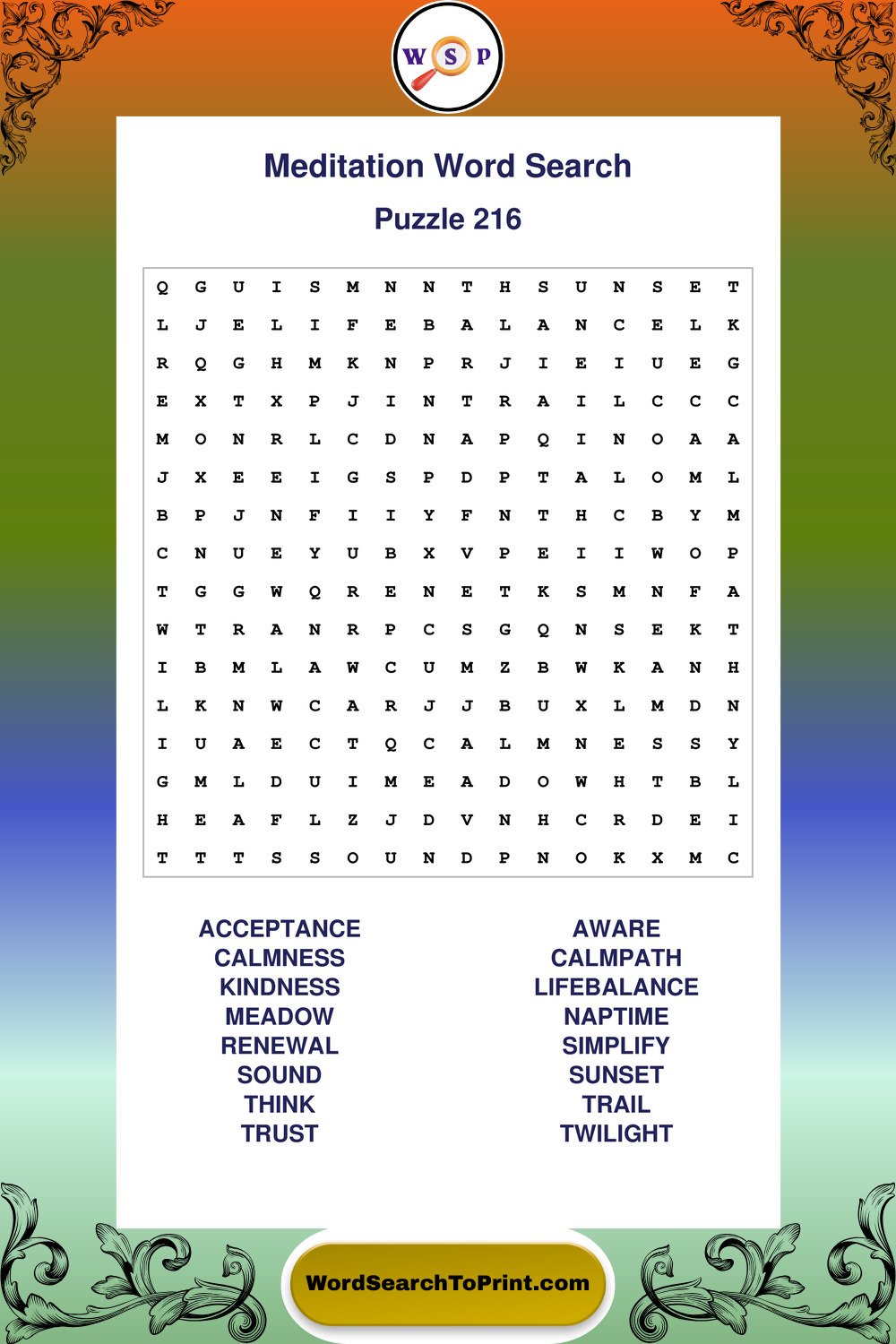 Meditation Word Search Puzzle 216