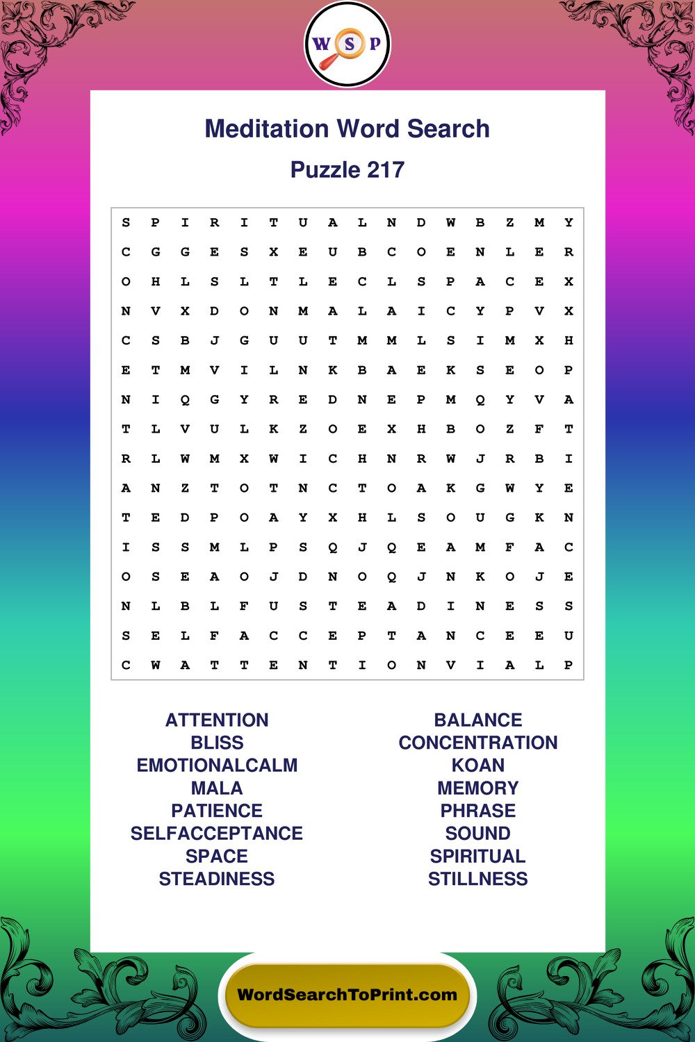 Meditation Word Search Puzzle 217