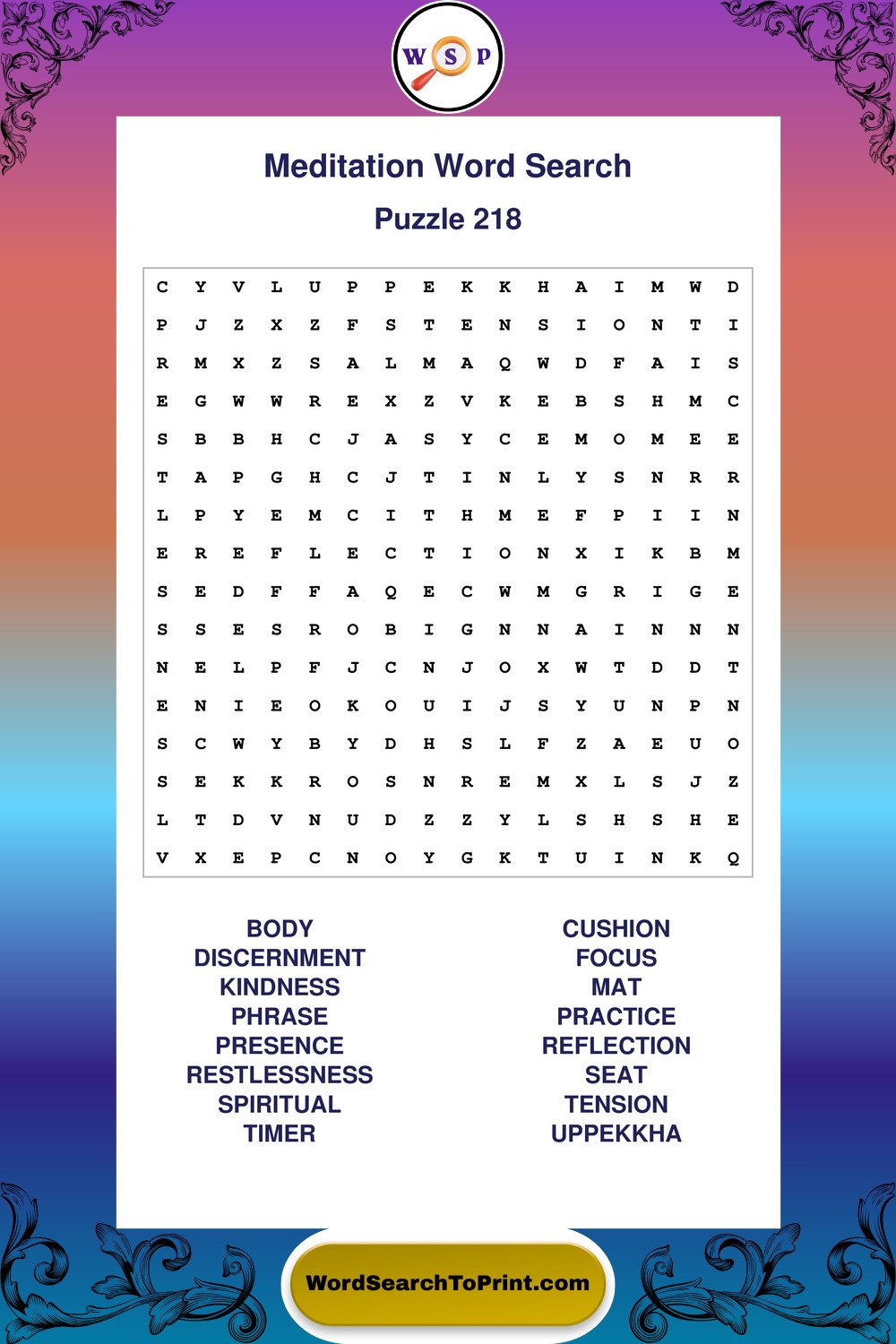 Meditation Word Search Puzzle 218