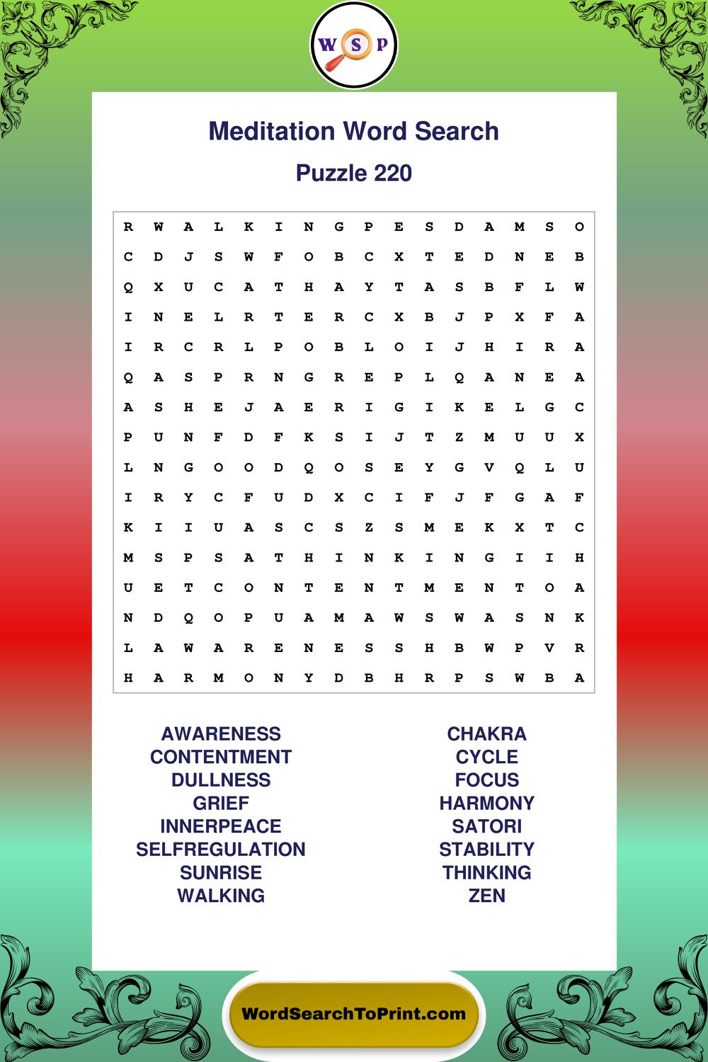 Meditation Word Search Puzzle 220