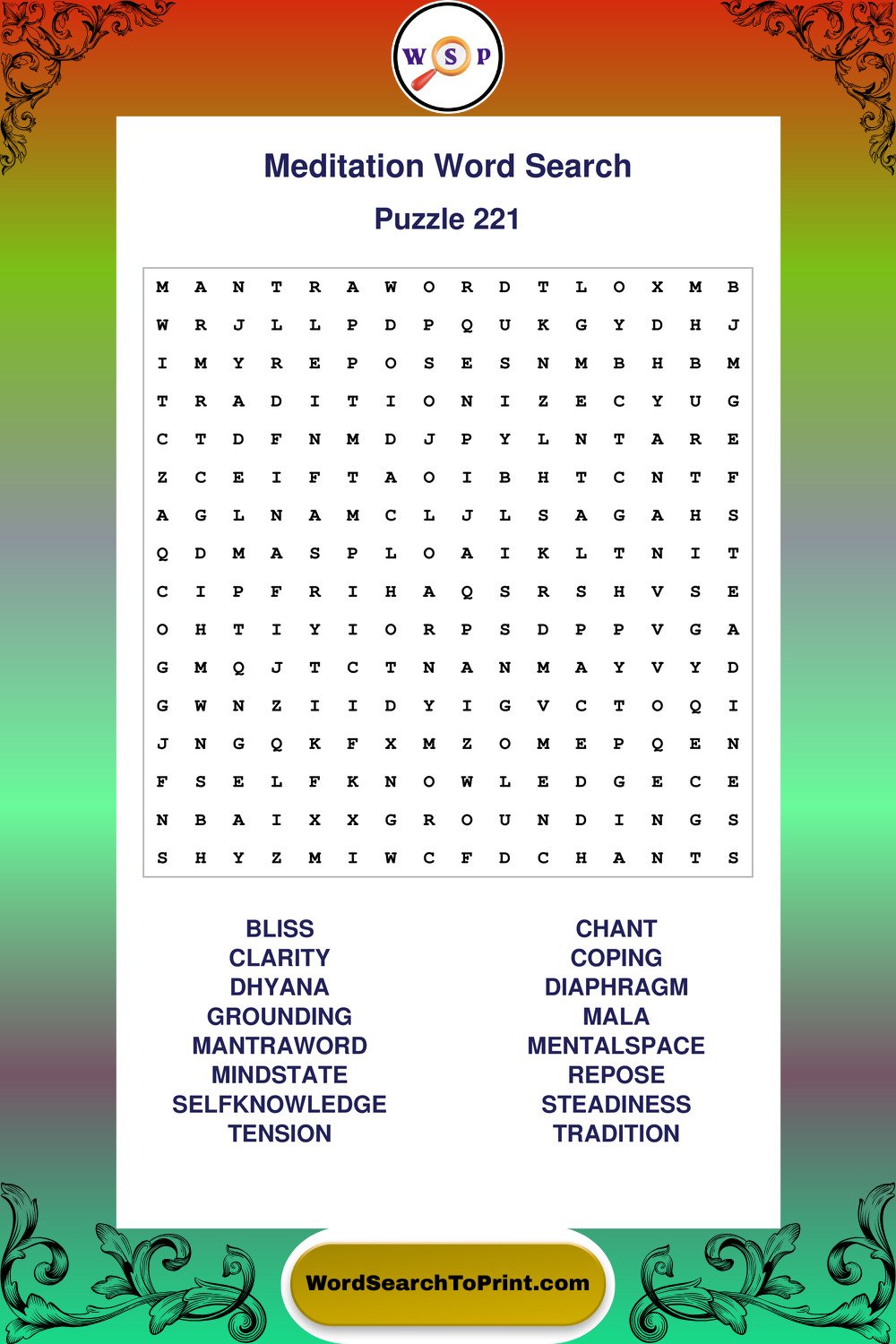 Meditation Word Search Puzzle 221