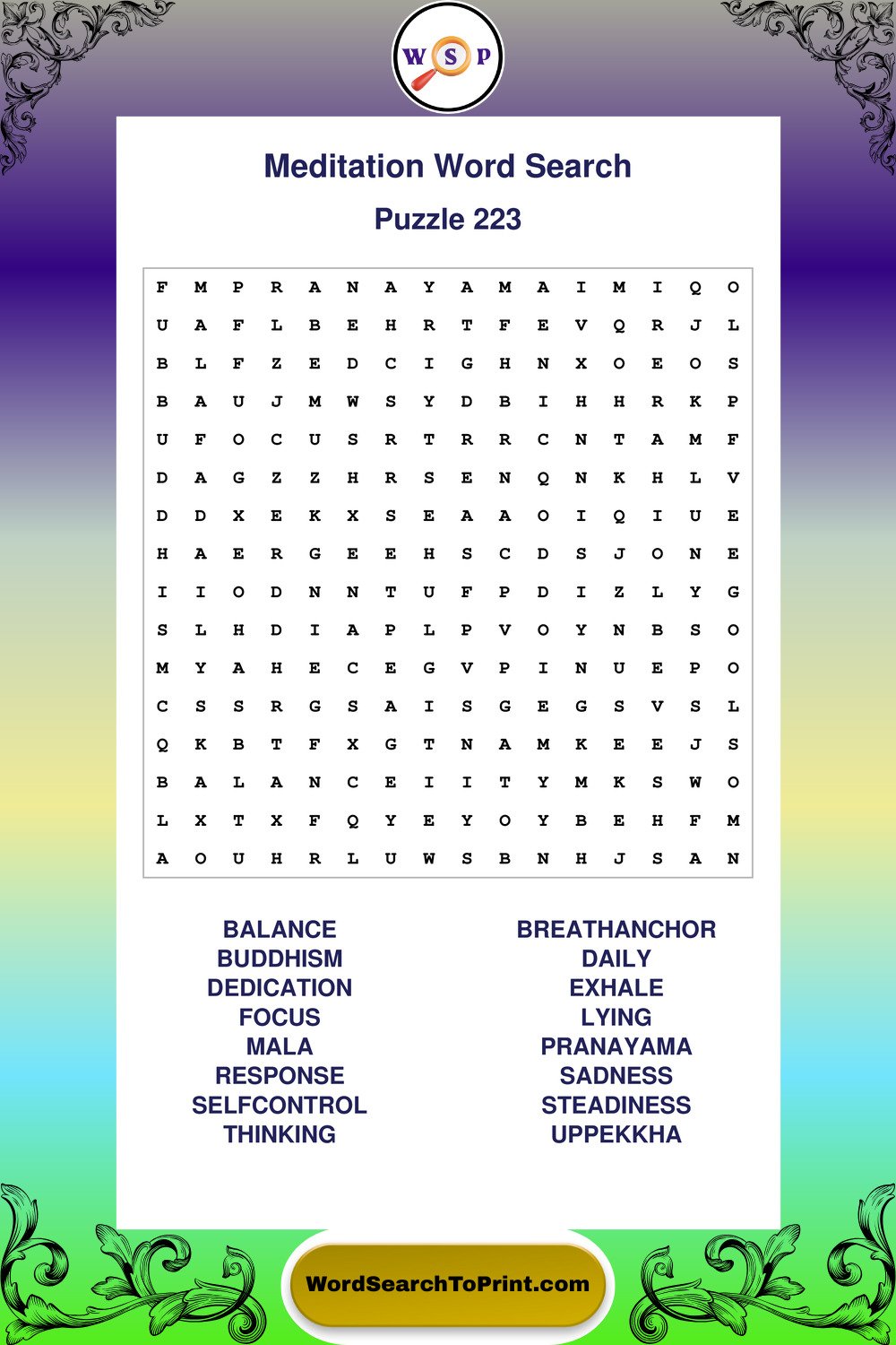 Meditation Word Search Puzzle 223