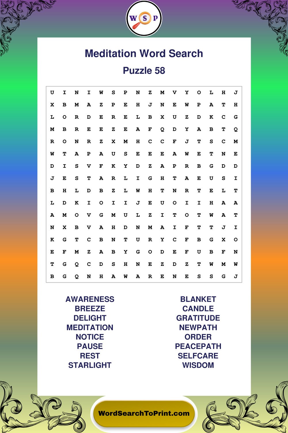 Meditation Word Search Puzzle 58