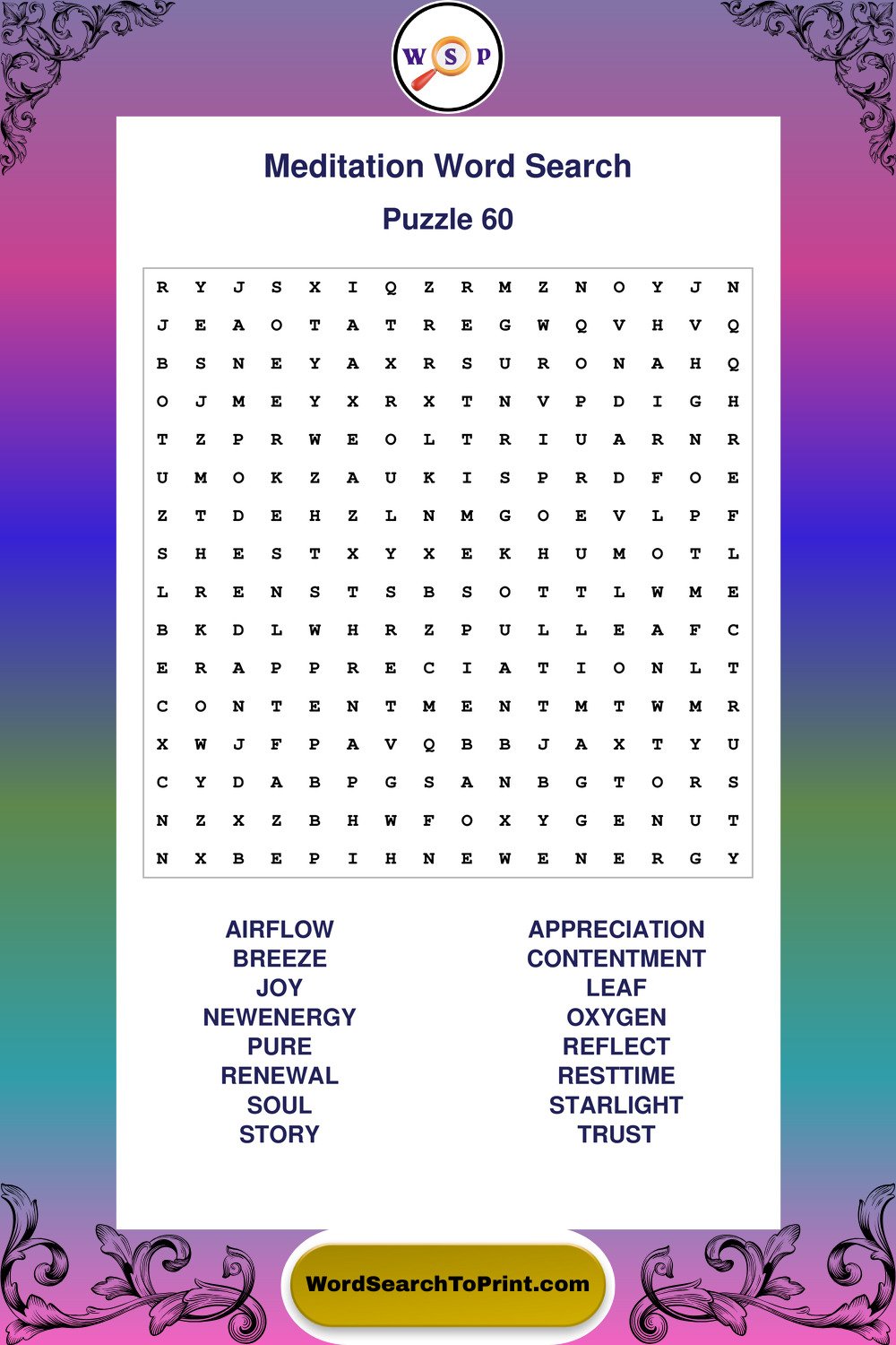 Meditation Word Search Puzzle 60