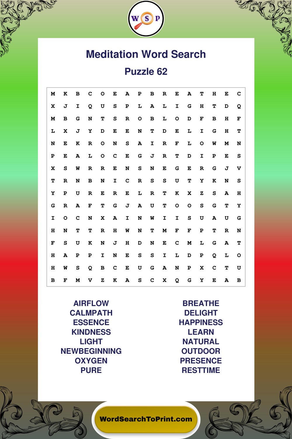 Meditation Word Search Puzzle 62