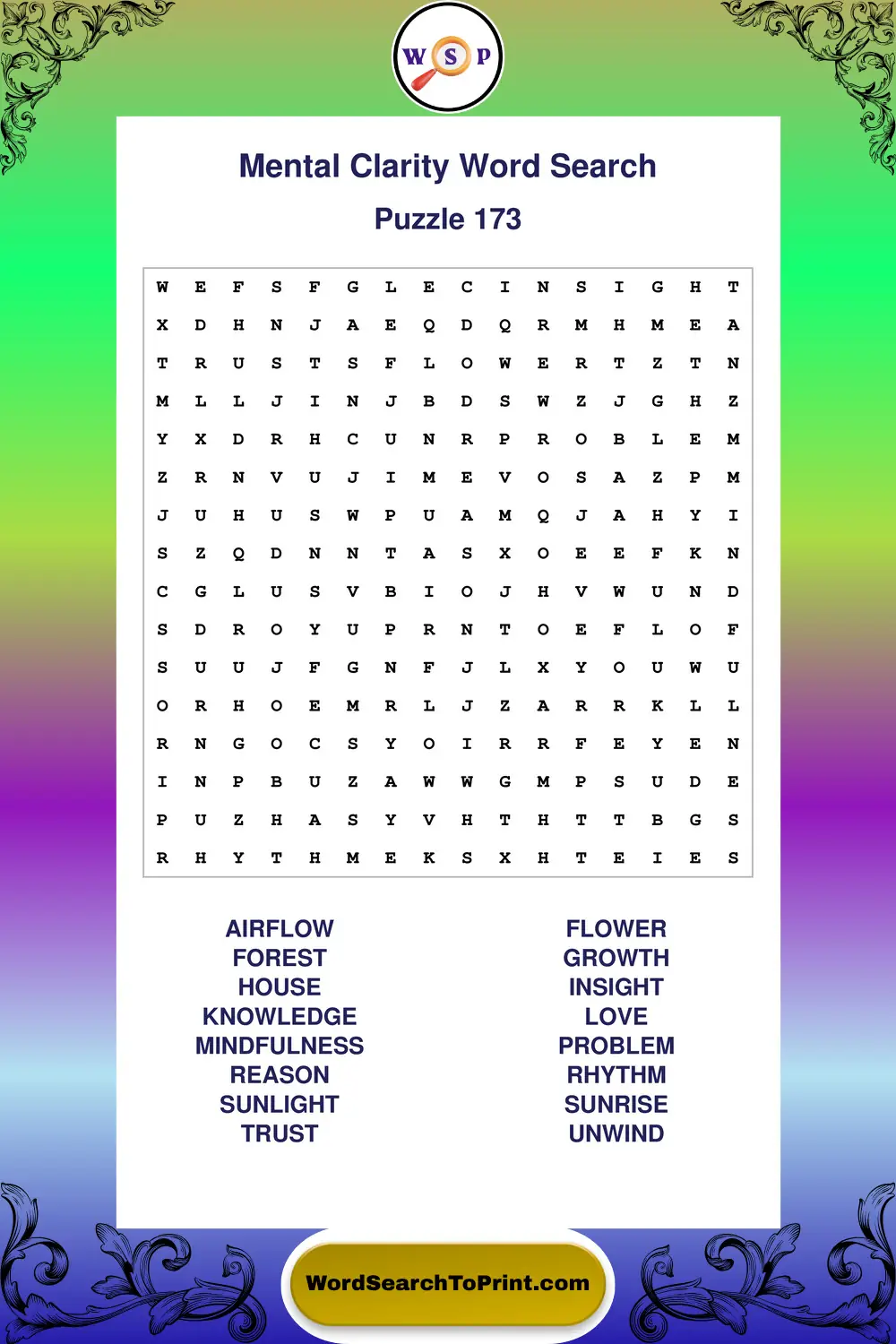Mental Clarity Word Search Puzzle 173
