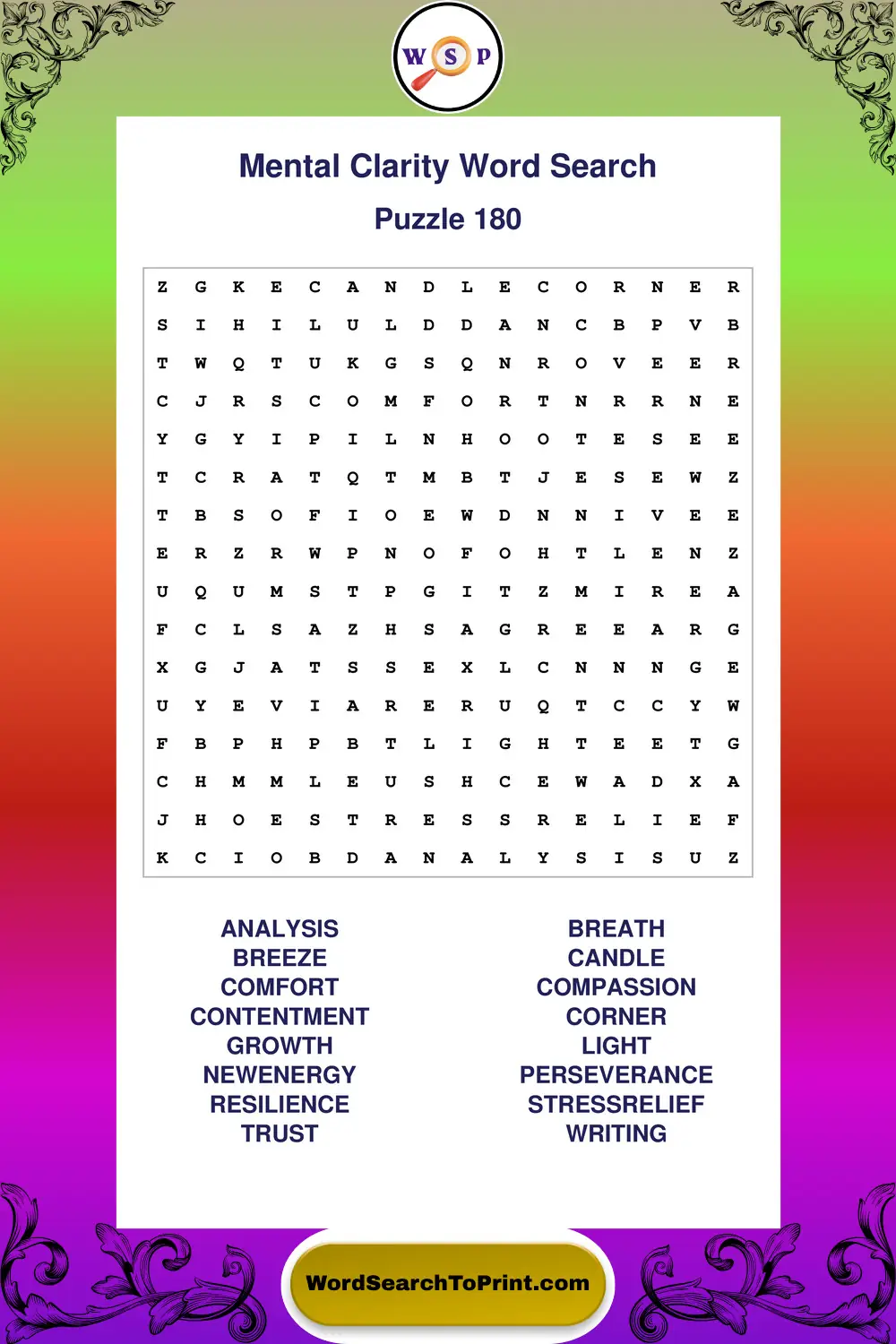 Mental Clarity Word Search Puzzle 180