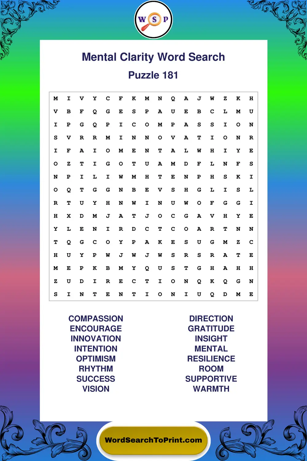 Mental Clarity Word Search Puzzle 181