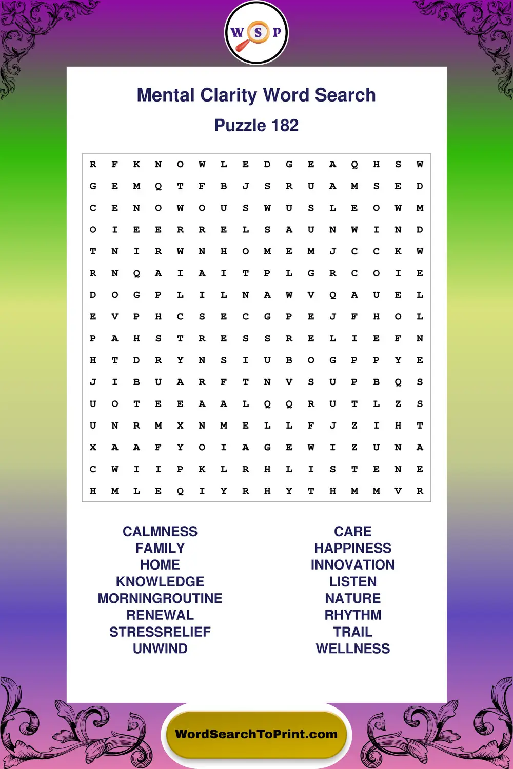 Mental Clarity Word Search Puzzle 182