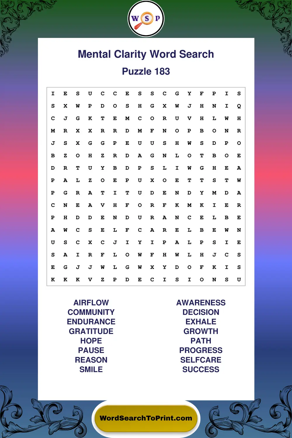 Mental Clarity Word Search Puzzle 183