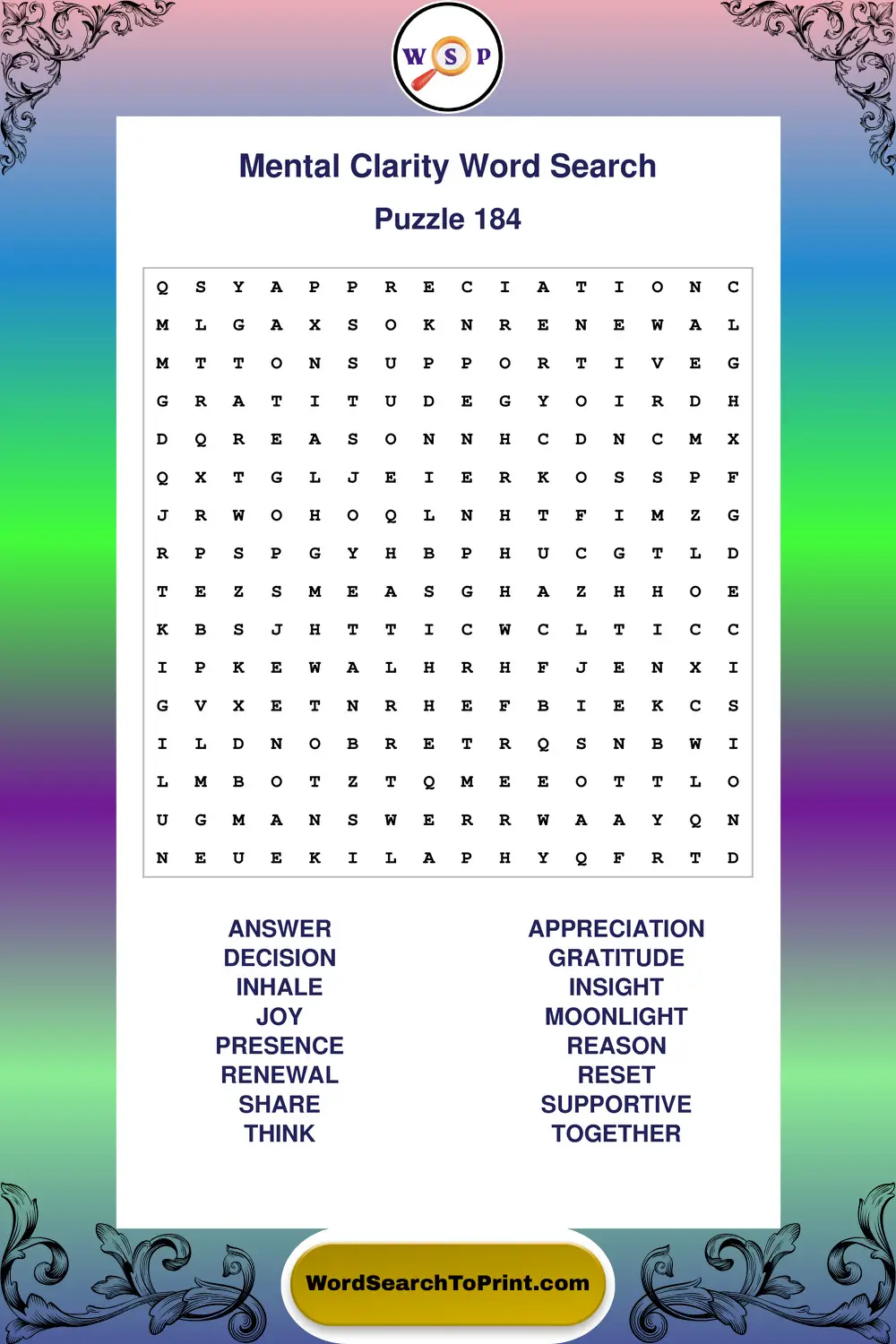 Mental Clarity Word Search Puzzle 184