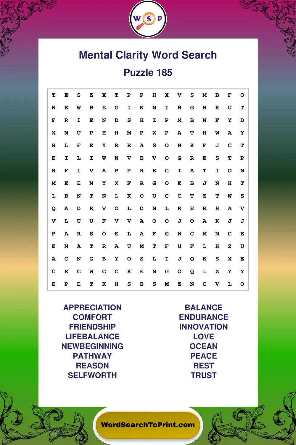 Mental Clarity Word Search Puzzle 185