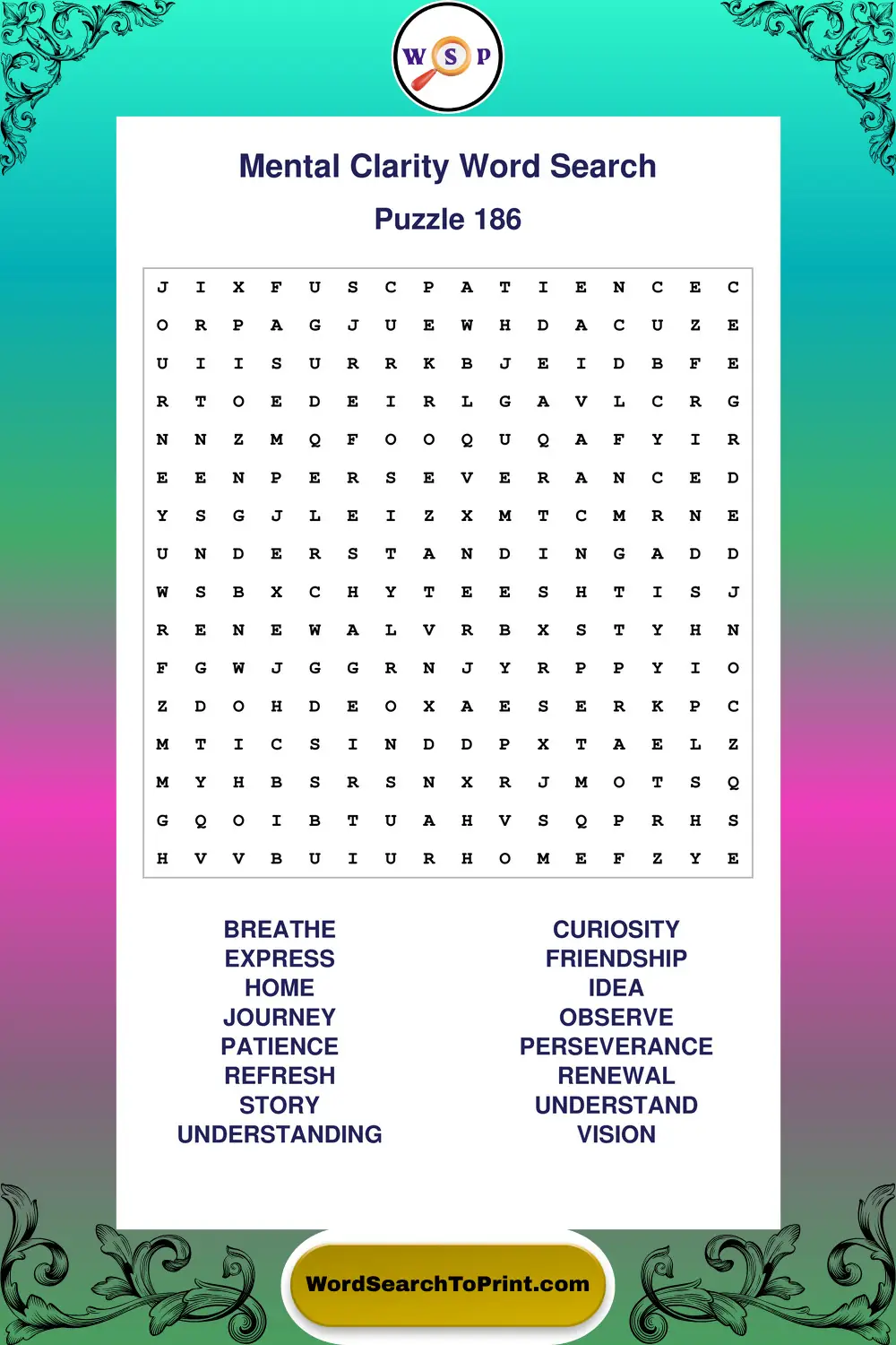 Mental Clarity Word Search Puzzle 186