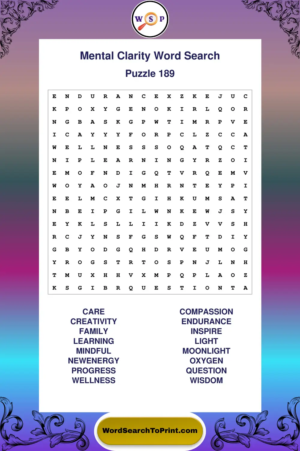 Mental Clarity Word Search Puzzle 189