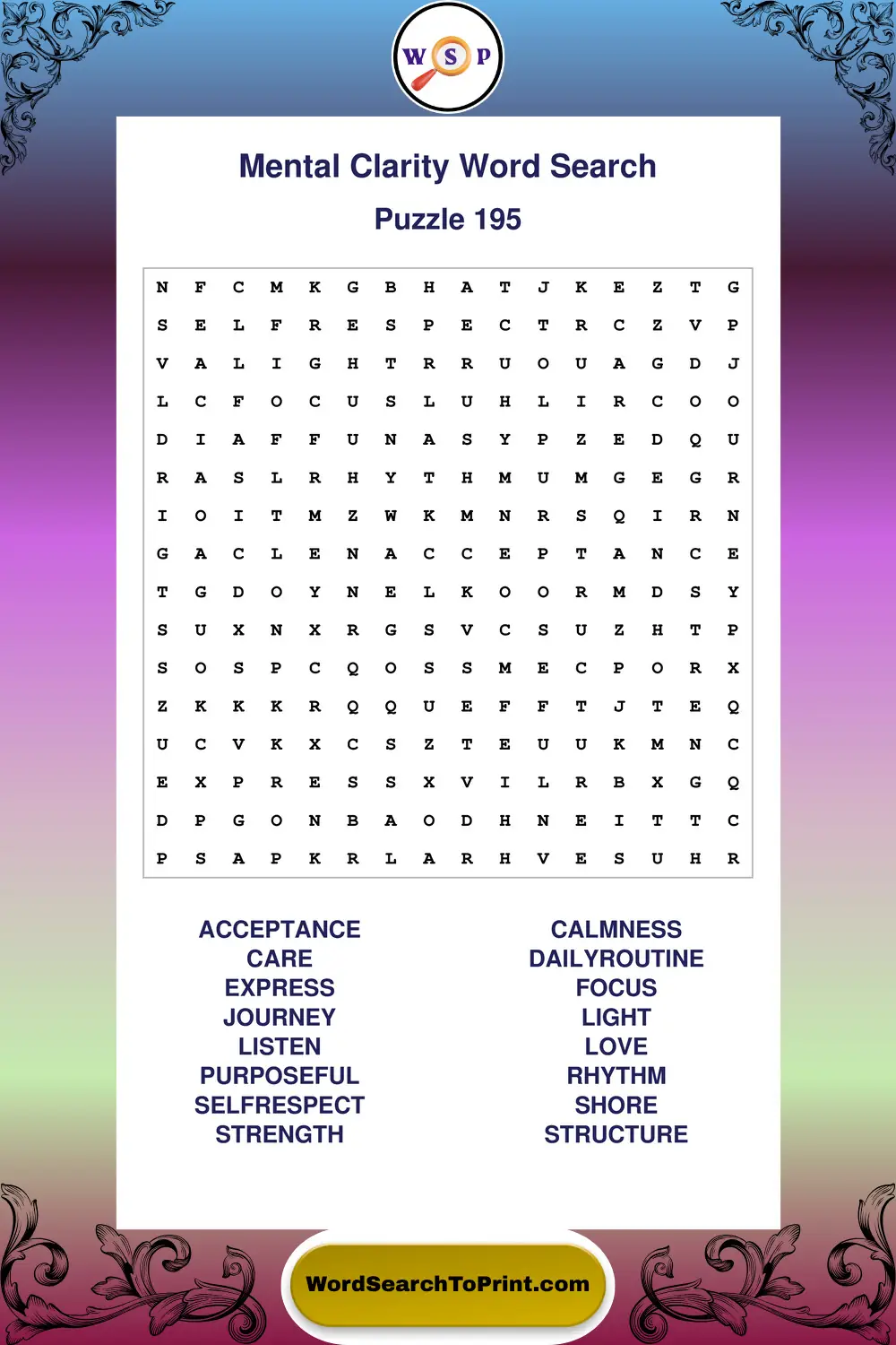 Mental Clarity Word Search Puzzle 195