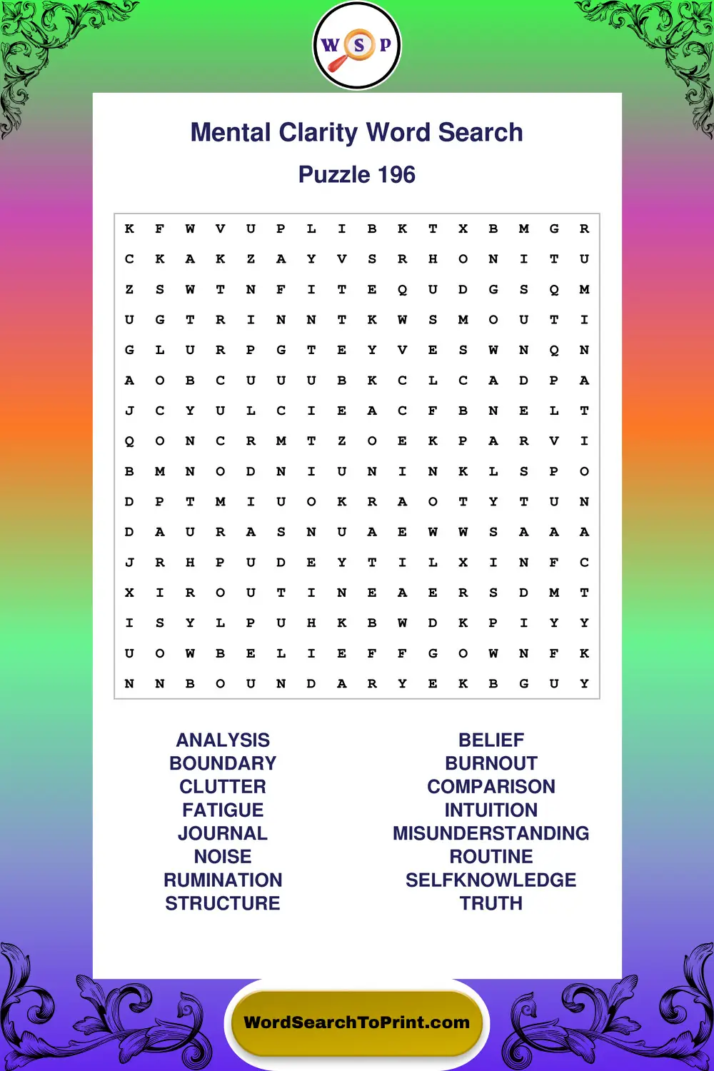Mental Clarity Word Search Puzzle 196