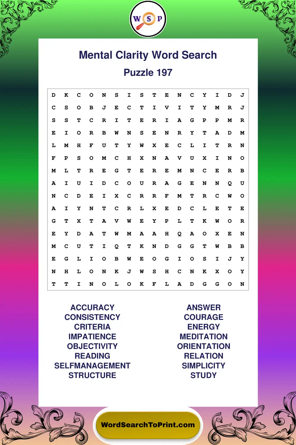 Mental Clarity Word Search Puzzle 197