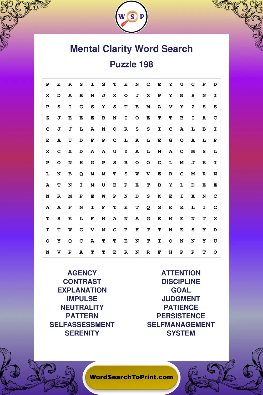 Mental Clarity Word Search Puzzle 198
