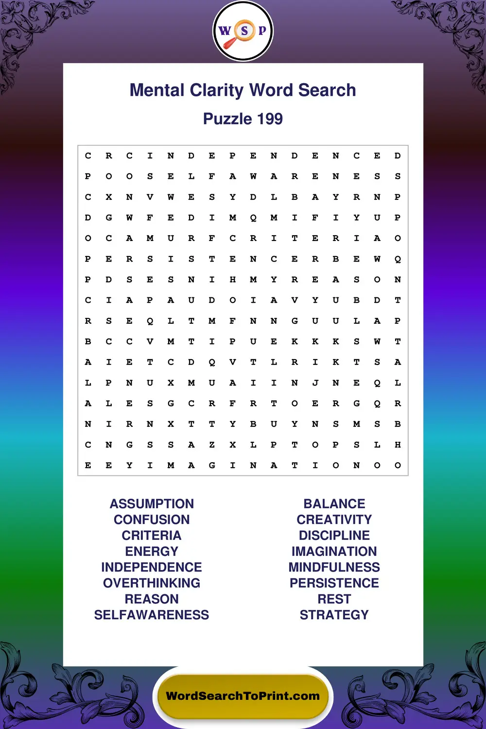 Mental Clarity Word Search Puzzle 199