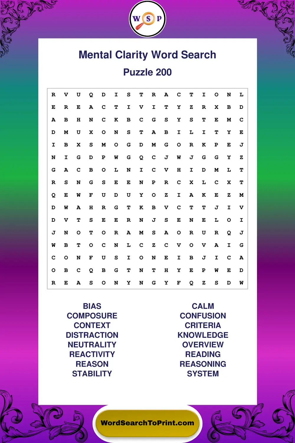 Mental Clarity Word Search Puzzle 200
