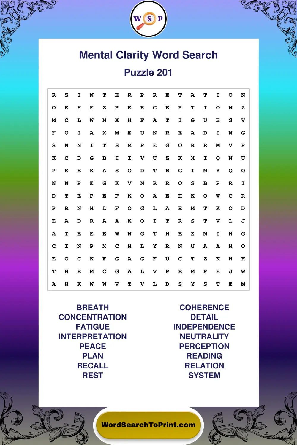 Mental Clarity Word Search Puzzle 201
