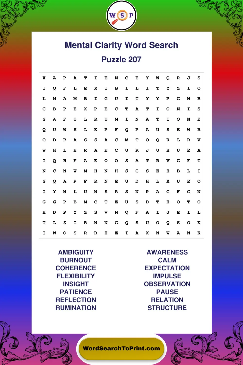Mental Clarity Word Search Puzzle 207