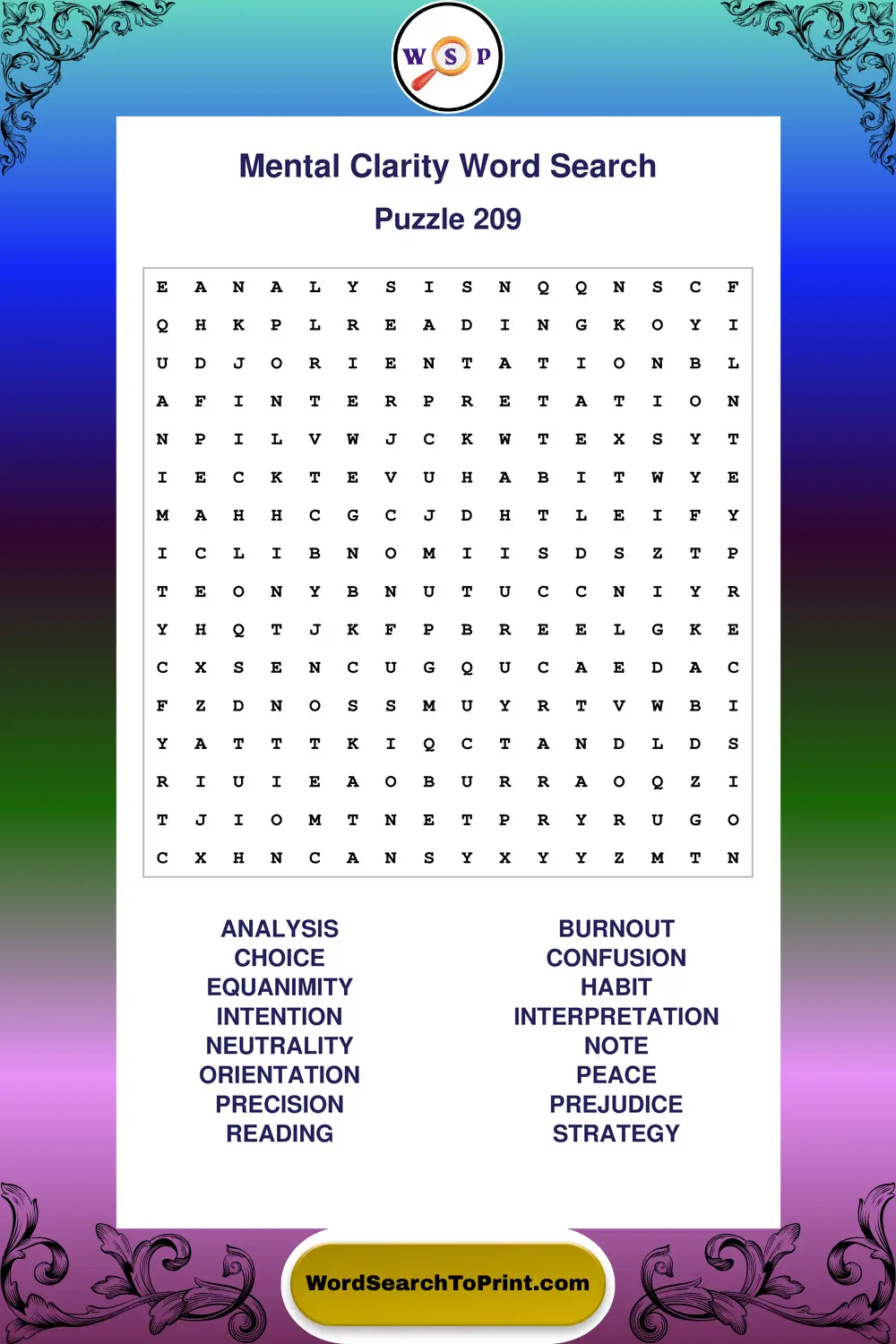 Mental Clarity Word Search Puzzle 209