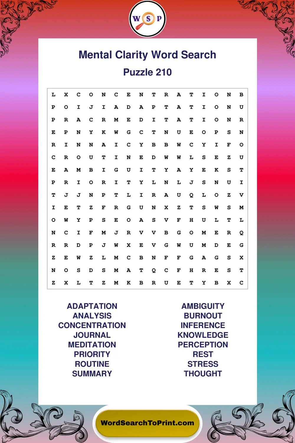 Mental Clarity Word Search Puzzle 210