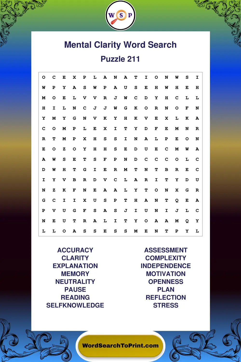 Mental Clarity Word Search Puzzle 211