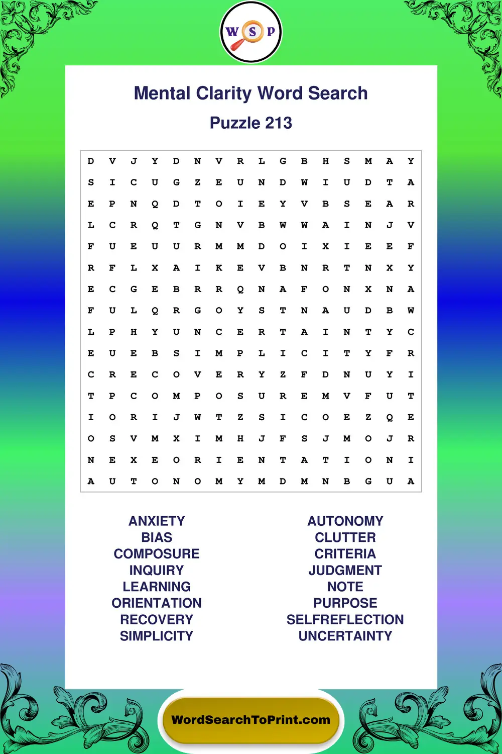 Mental Clarity Word Search Puzzle 213