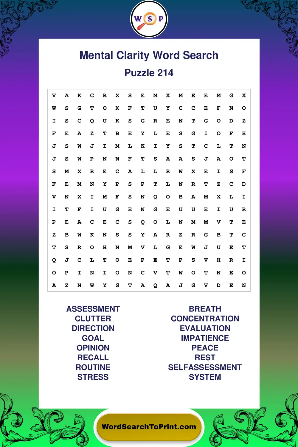 Mental Clarity Word Search Puzzle 214