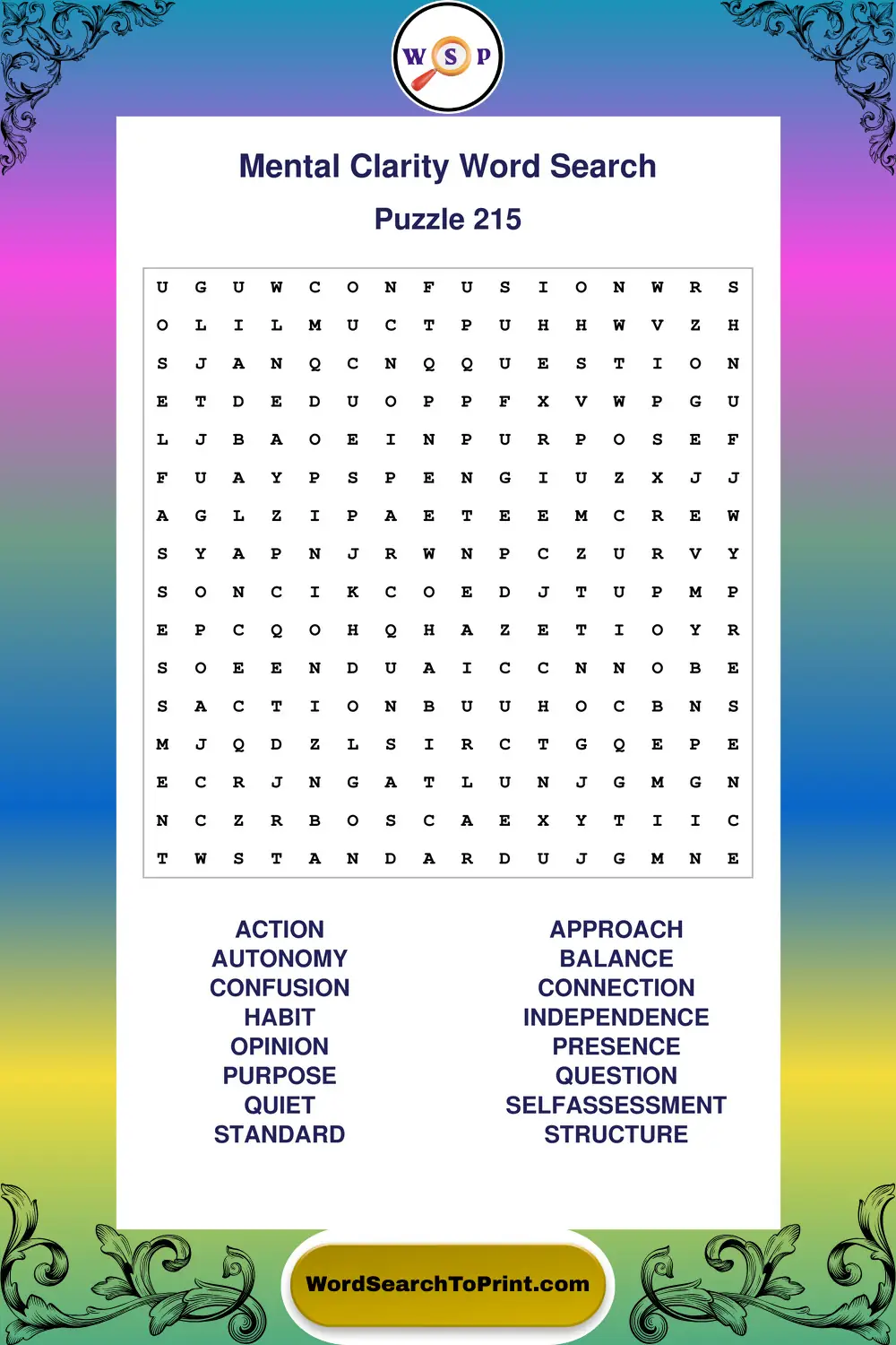 Mental Clarity Word Search Puzzle 215