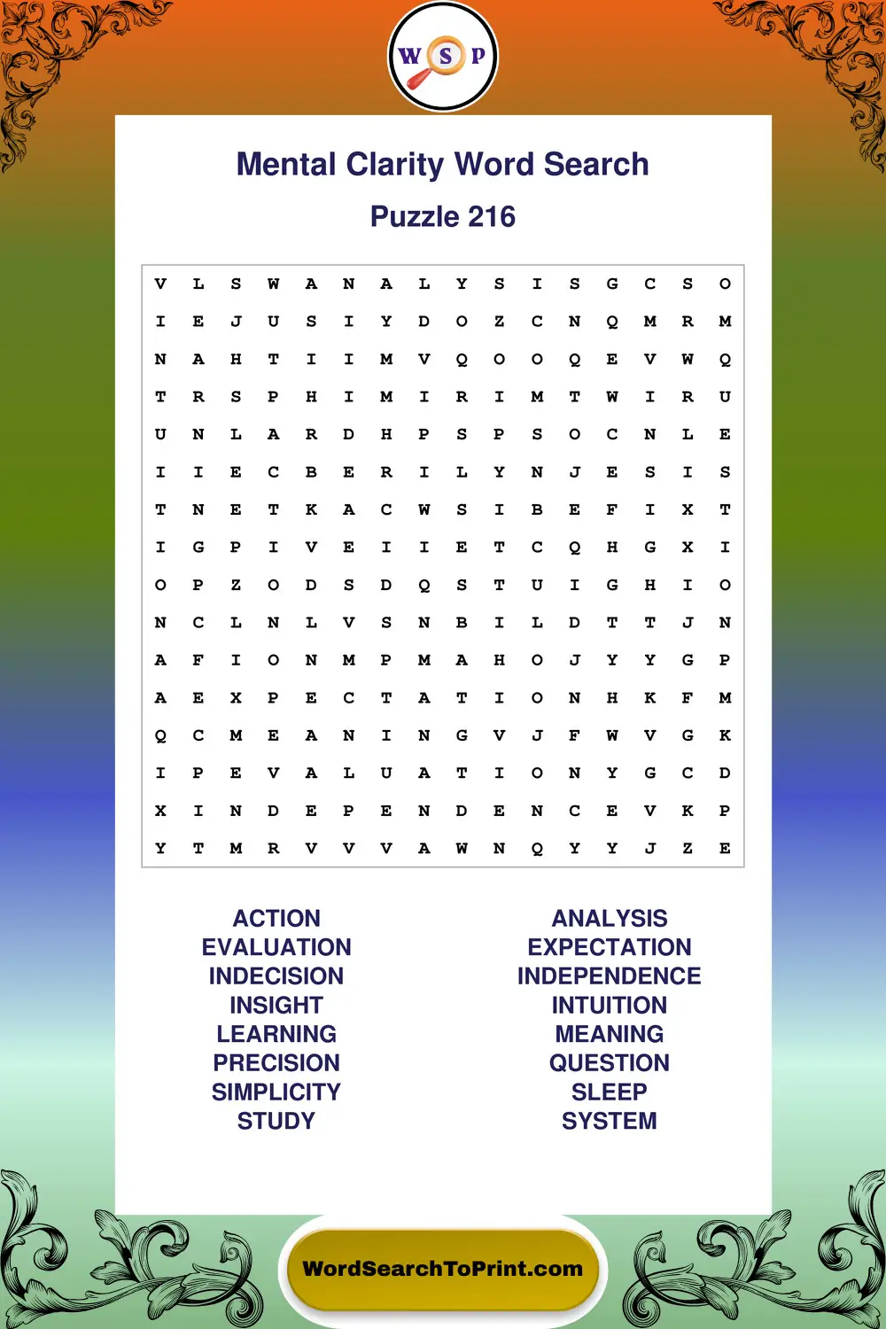 Mental Clarity Word Search Puzzle 216