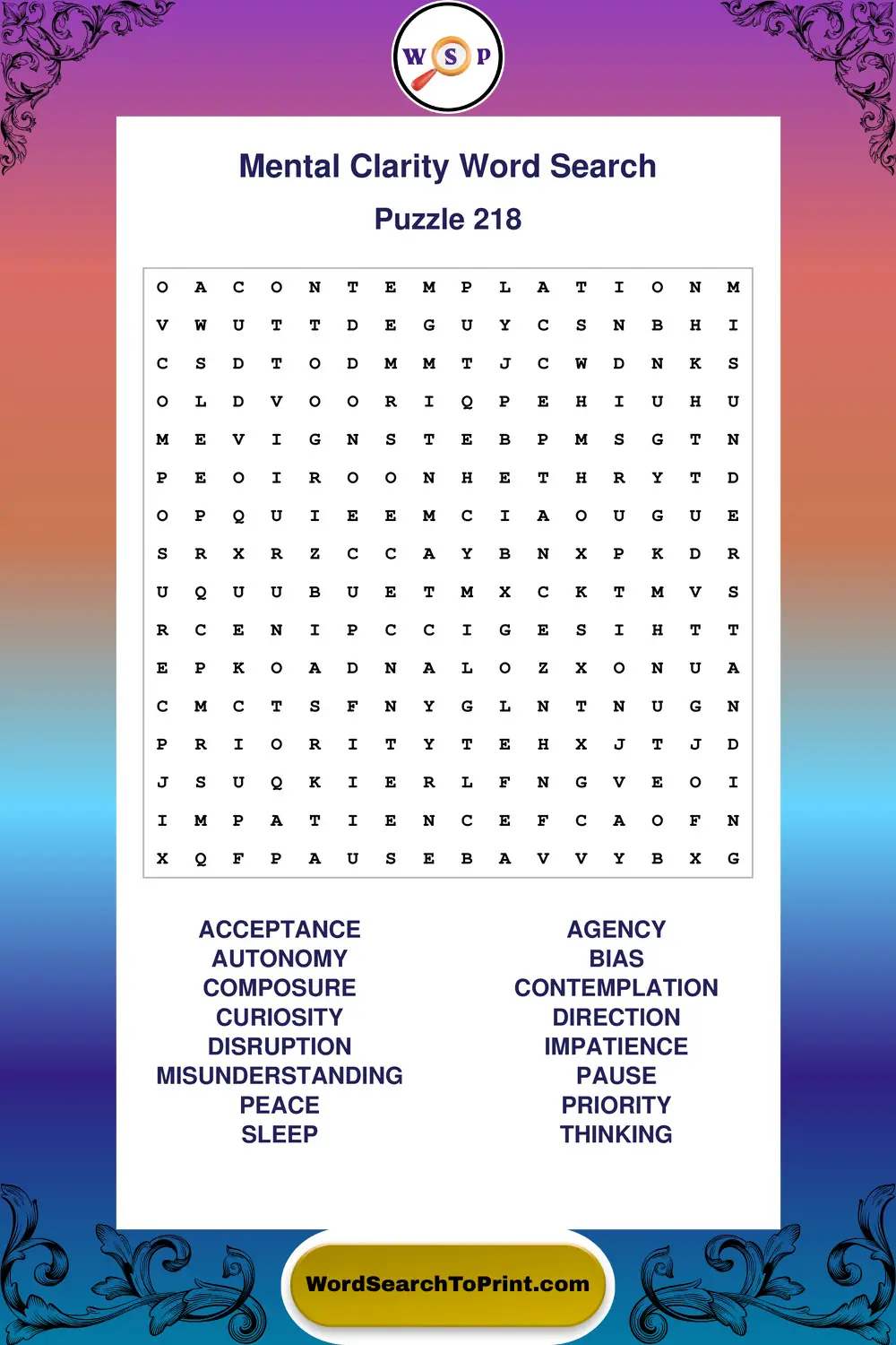 Mental Clarity Word Search Puzzle 218