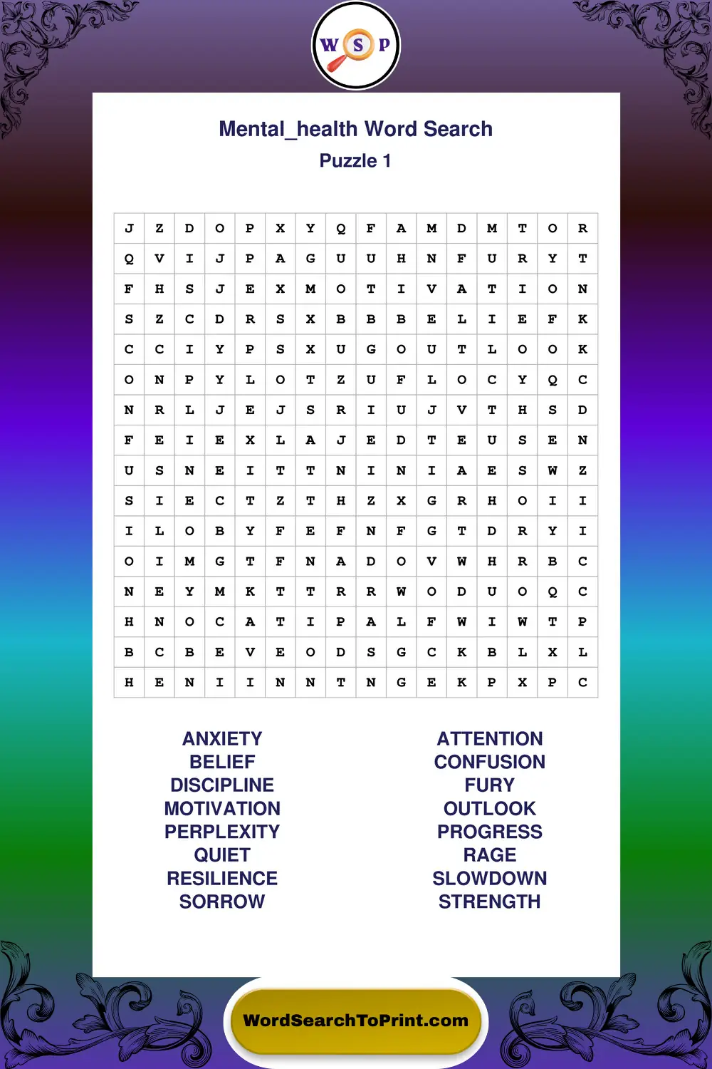 Mental Health Word Search Puzzle 1