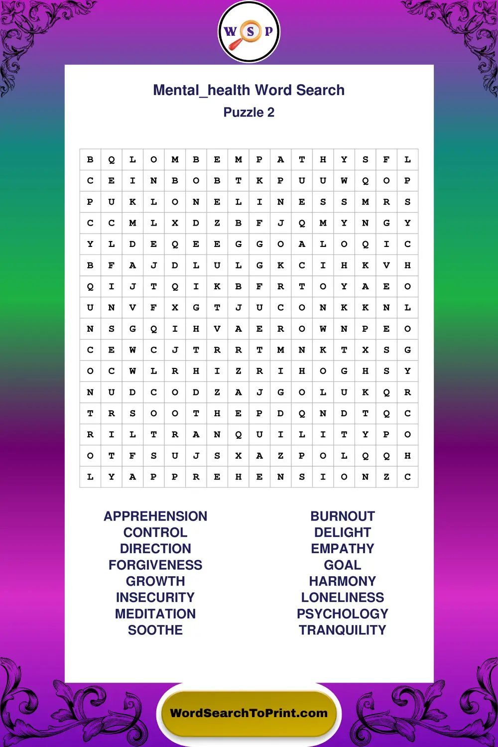 Mental Health Word Search Puzzle 2