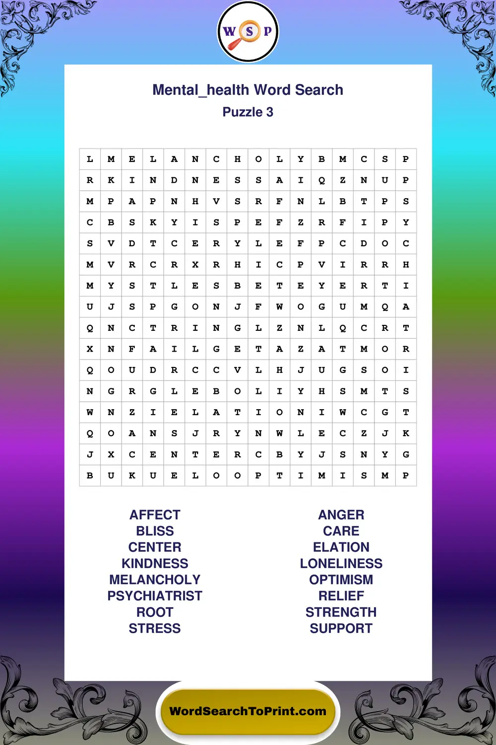 Mental Health Word Search Puzzle 3