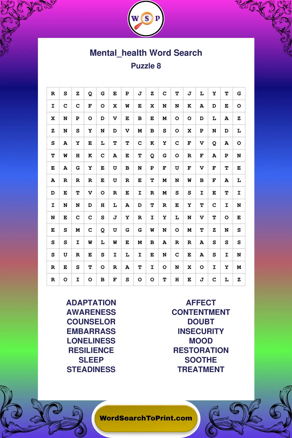 Mental Health Word Search Puzzle 8