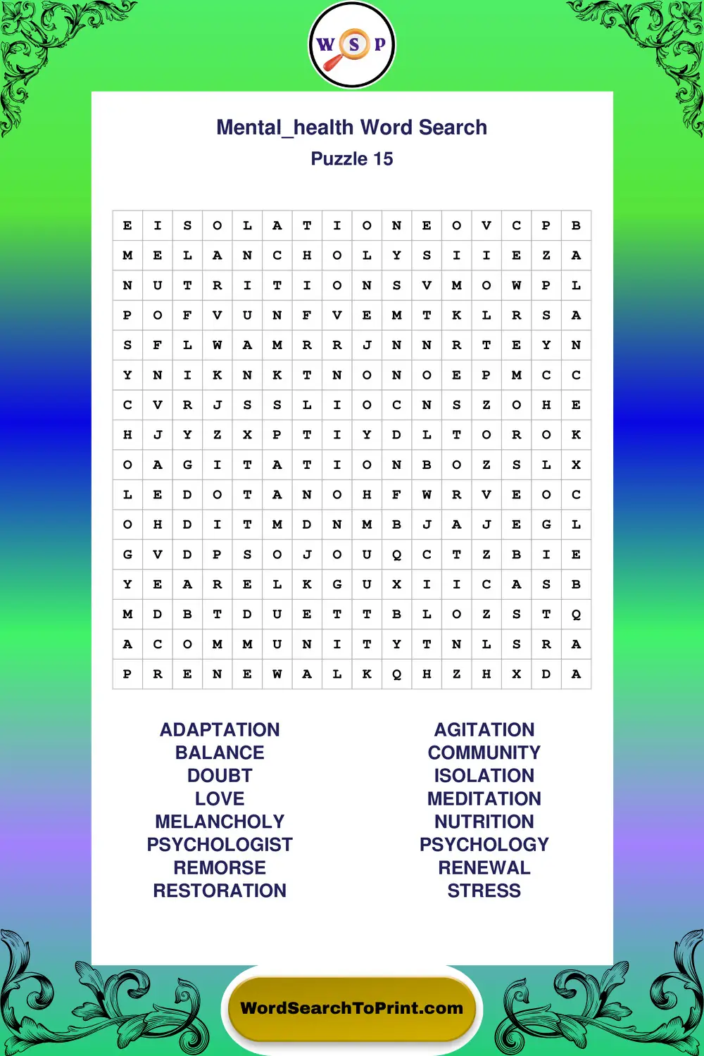 Mental Health Word Search Puzzle 15
