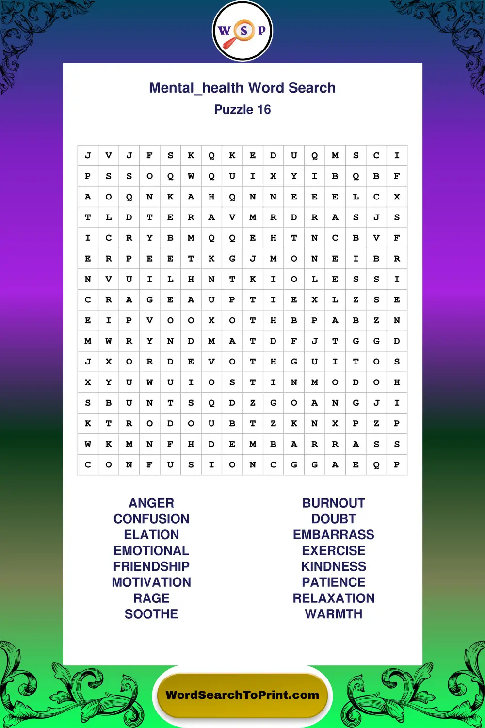Mental Health Word Search Puzzle 16