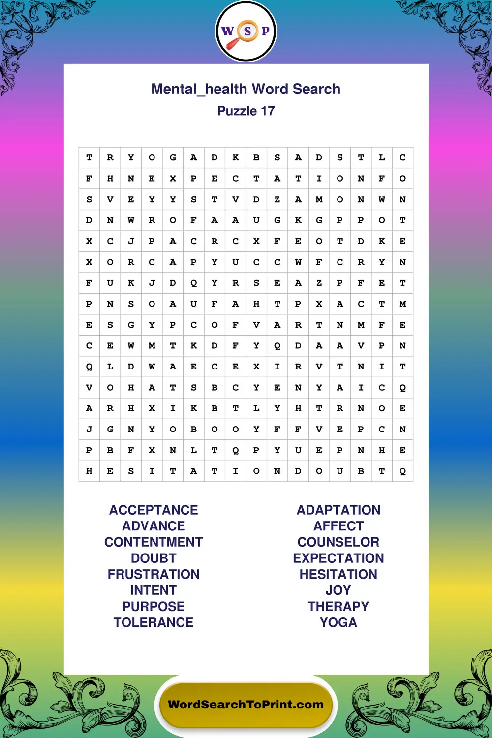 Mental Health Word Search Puzzle 17