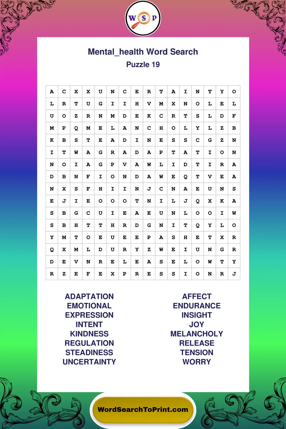 Mental Health Word Search Puzzle 19