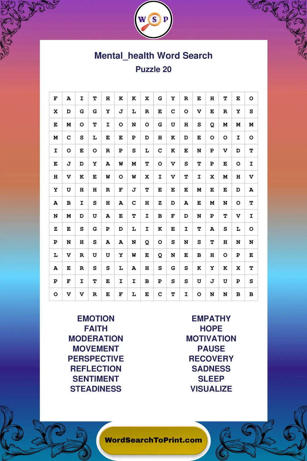 Mental Health Word Search Puzzle 20