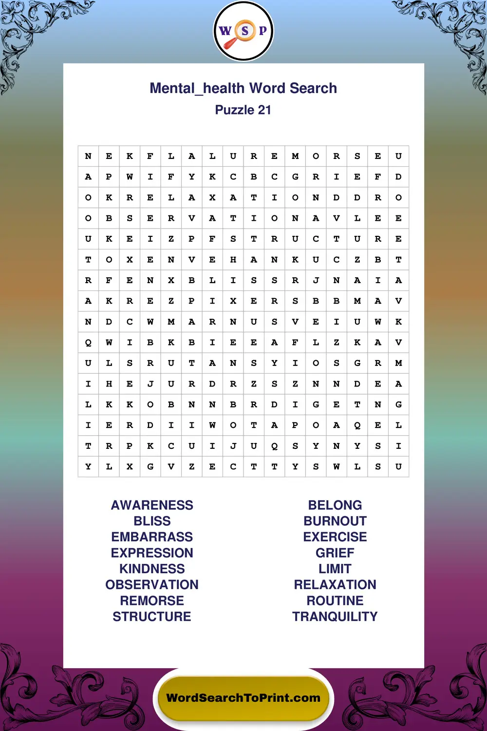 Mental Health Word Search Puzzle 21