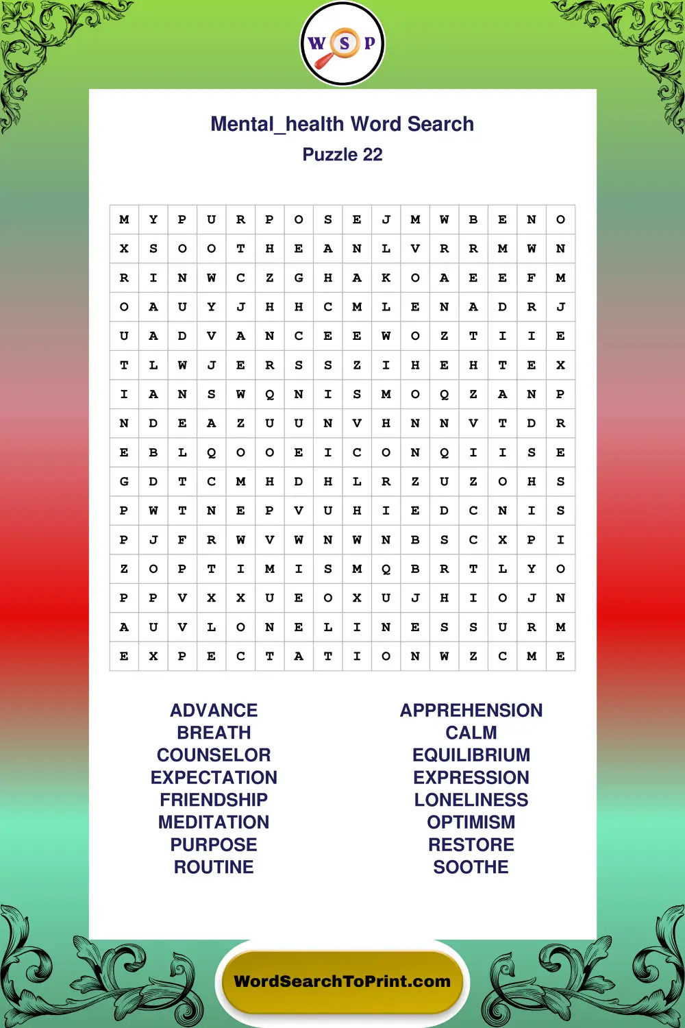 Mental Health Word Search Puzzle 22