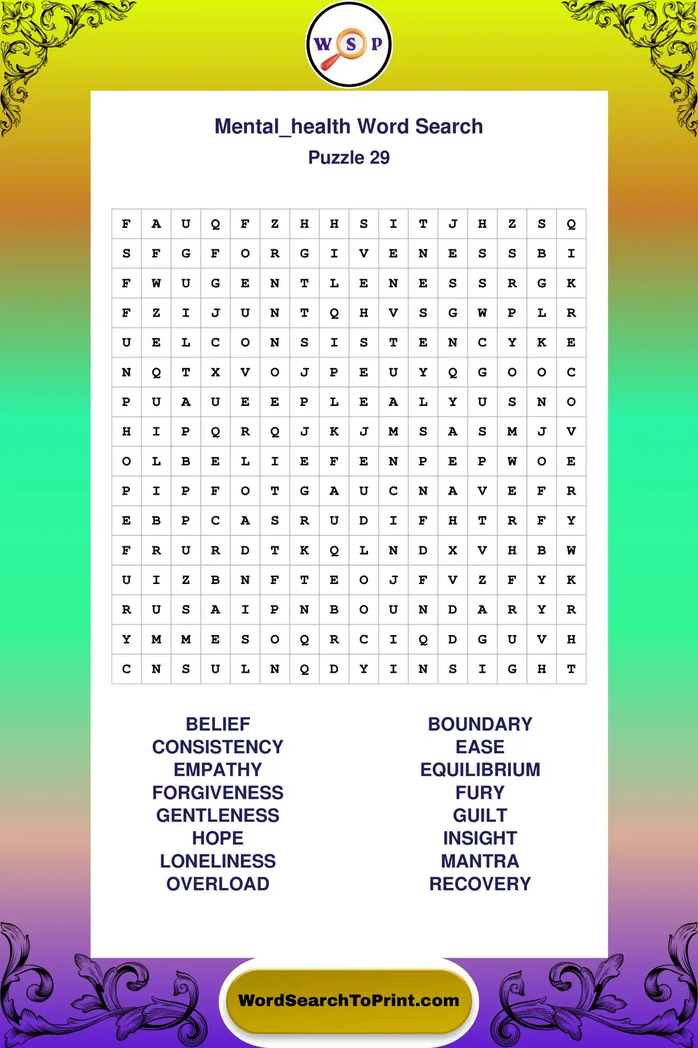 Mental Health Word Search Puzzle 29