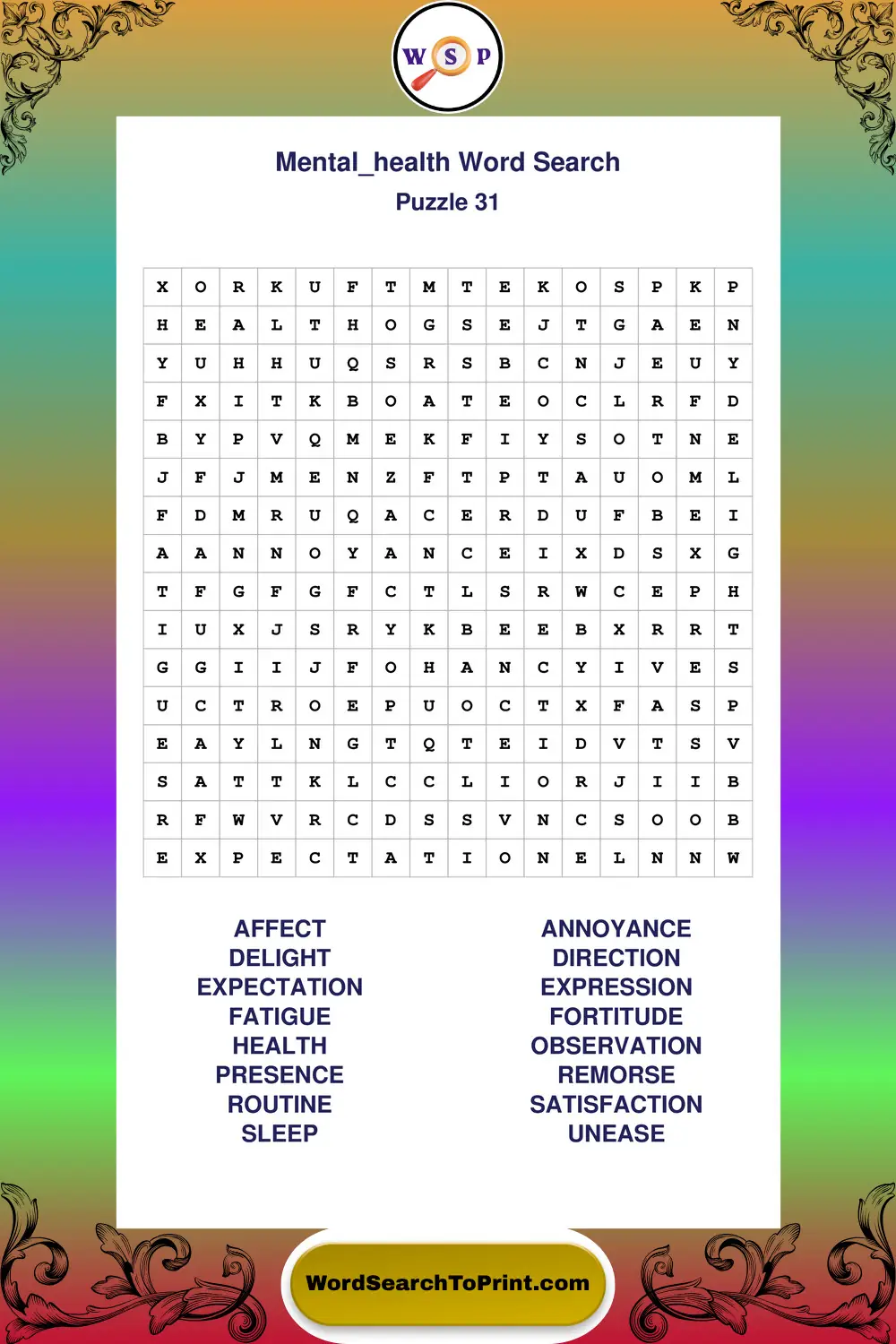 Mental Health Word Search Puzzle 31